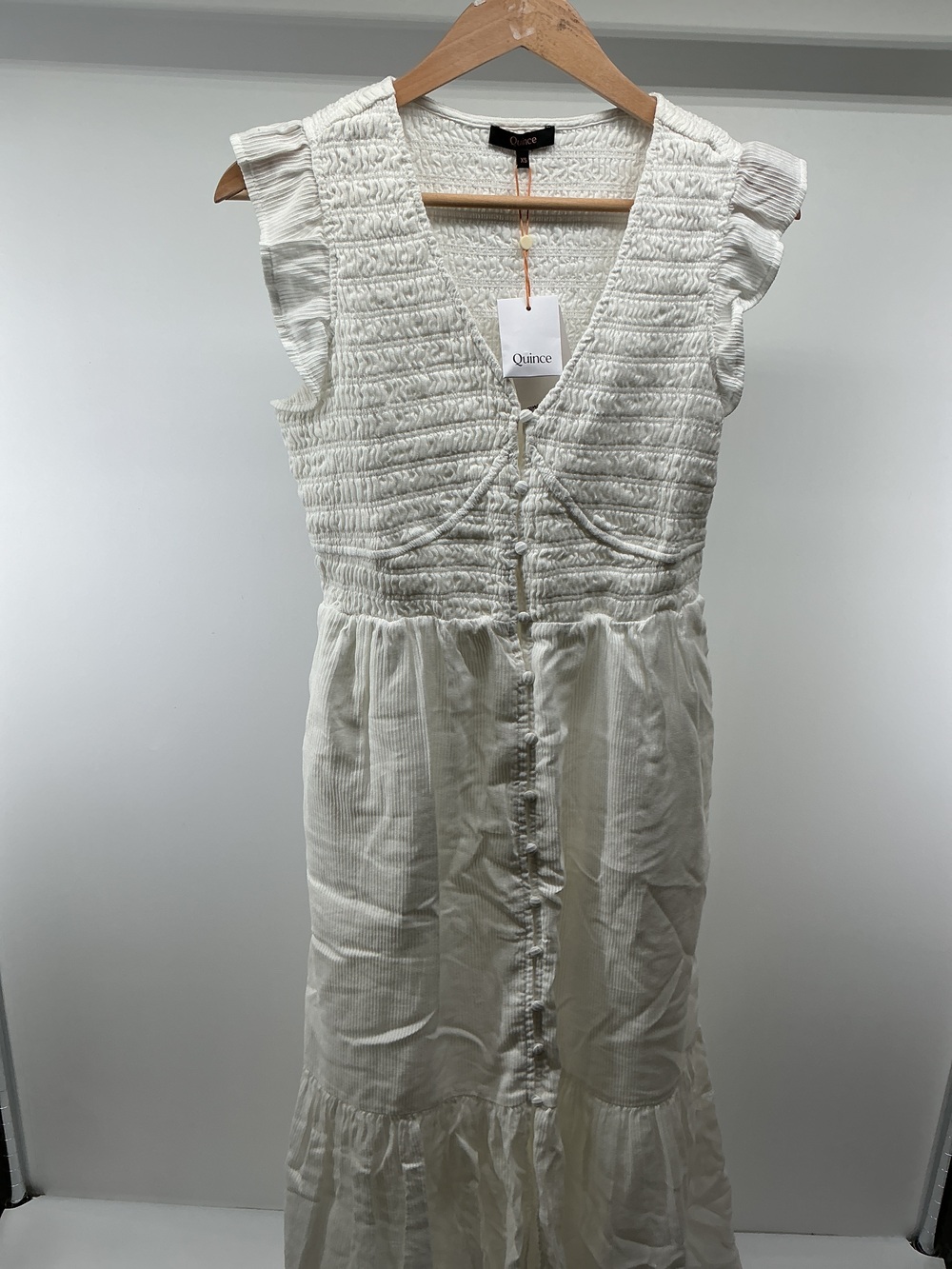 Organic Textured Cotton Smocked V-Neck Midi Dress